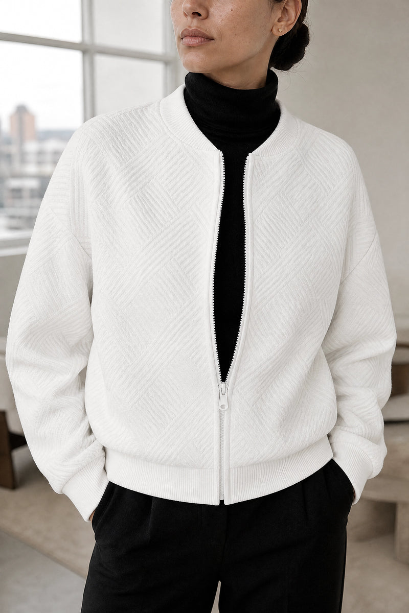 Luisa | Zip Jacket in White, fabric close-up