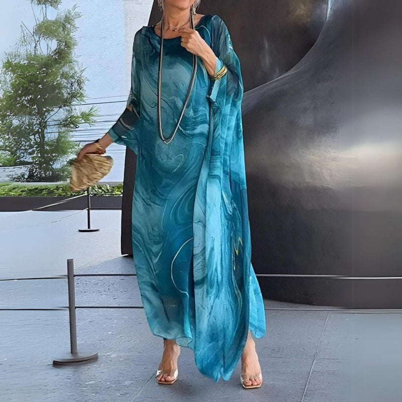 Batwing Chiffon Maxi Dress for Women with Round Neck and Marble Print in Blue, front view