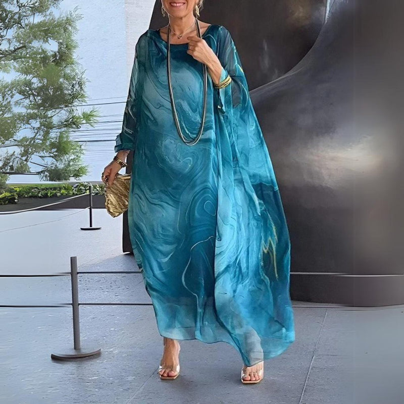 Batwing Chiffon Maxi Dress for Women with Round Neck and Marble Print in Blue, side view