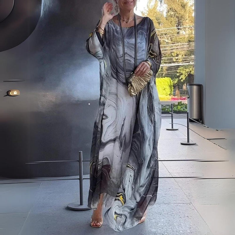 Batwing Chiffon Maxi Dress for Women with Round Neck and Marble Print in Gray, front view
