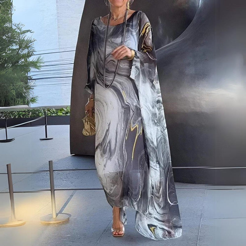 Batwing Chiffon Maxi Dress for Women with Round Neck and Marble Print in Gray, side view