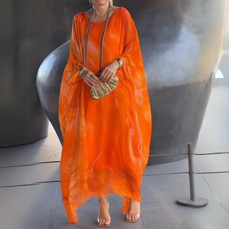 Batwing Chiffon Maxi Dress for Women with Round Neck and Marble Print in Orange, front view