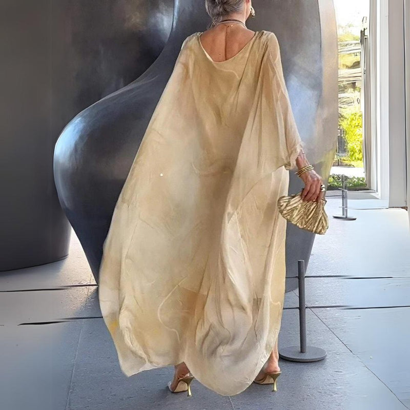 Batwing Chiffon Maxi Dress for Women with Round Neck and Marble Print in Yellow, back view