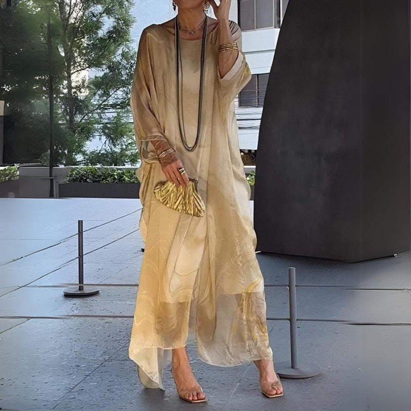 Batwing Chiffon Maxi Dress for Women with Round Neck and Marble Print in Yellow, side view
