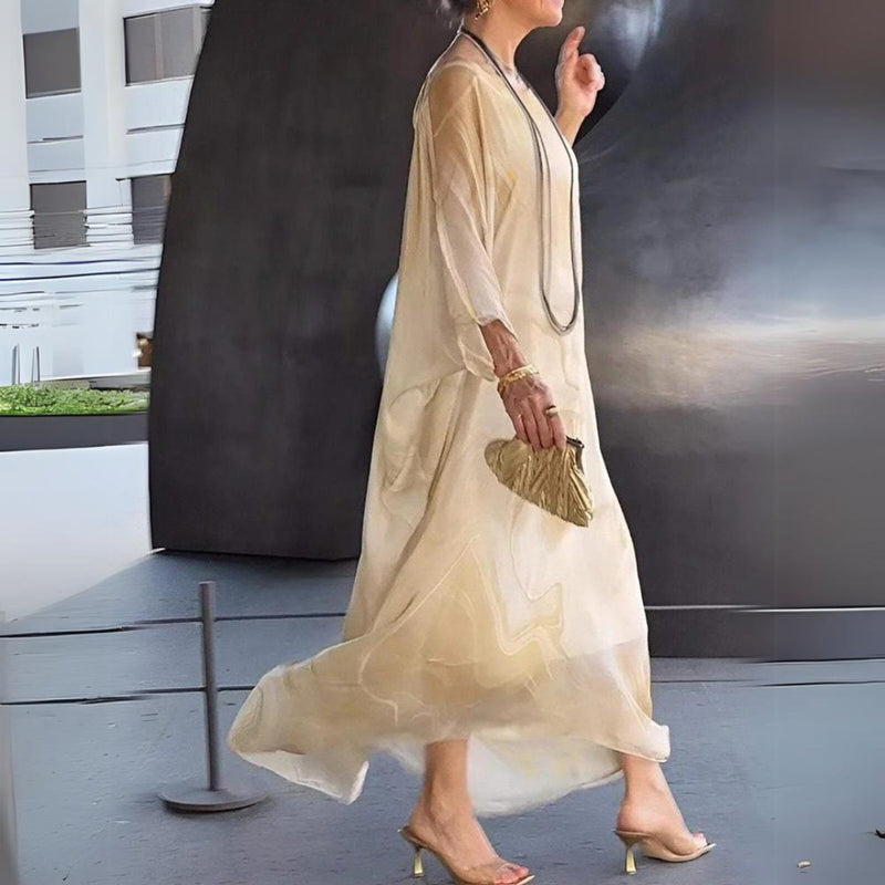 Batwing Chiffon Maxi Dress for Women with Round Neck and Marble Print in Yellow, styled view