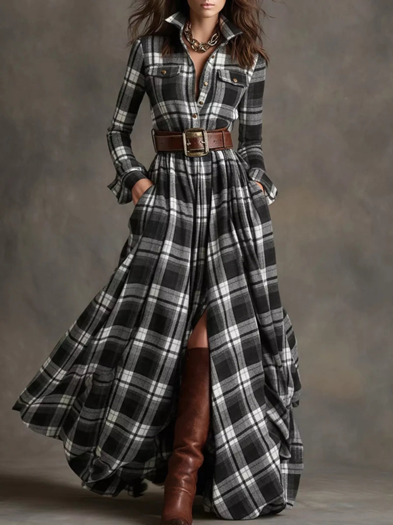 Plaid Maxi Shirt Dress for Women with Long Sleeves and Pockets in Black, front view