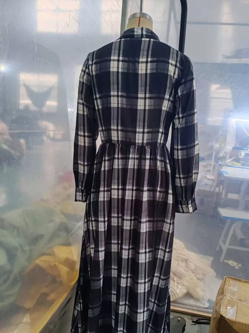 Plaid Maxi Shirt Dress for Women with Long Sleeves and Pockets in Black, mannequin back view