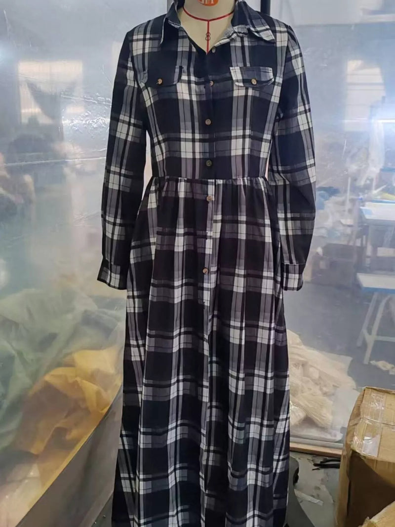 Plaid Maxi Shirt Dress for Women with Long Sleeves and Pockets in Black, mannequin front view