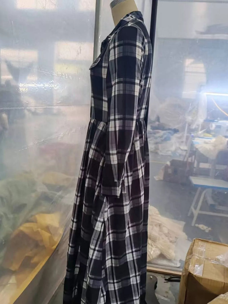 Plaid Maxi Shirt Dress for Women with Long Sleeves and Pockets in Black, mannequin side view