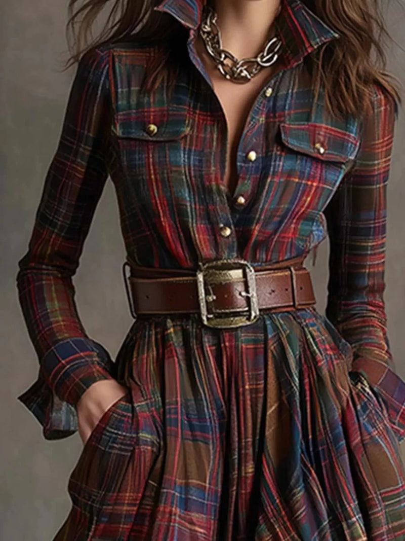 Plaid Maxi Shirt Dress for Women with Long Sleeves and Pockets in Burgundy, close-up