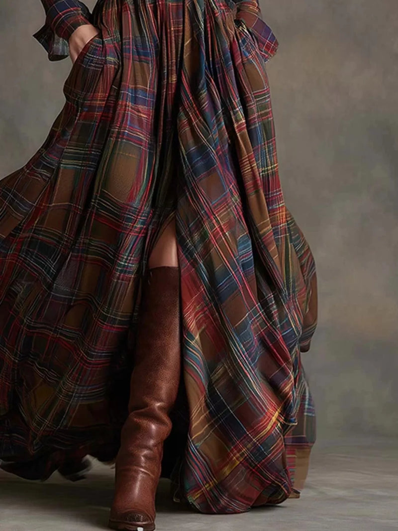 Plaid Maxi Shirt Dress for Women with Long Sleeves and Pockets in Burgundy, skirt detail