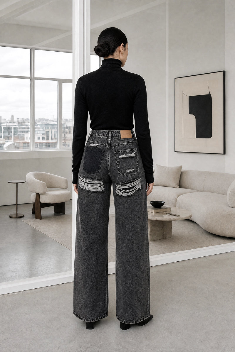 Luz | Wide-Leg Jeans in Black, studio back view