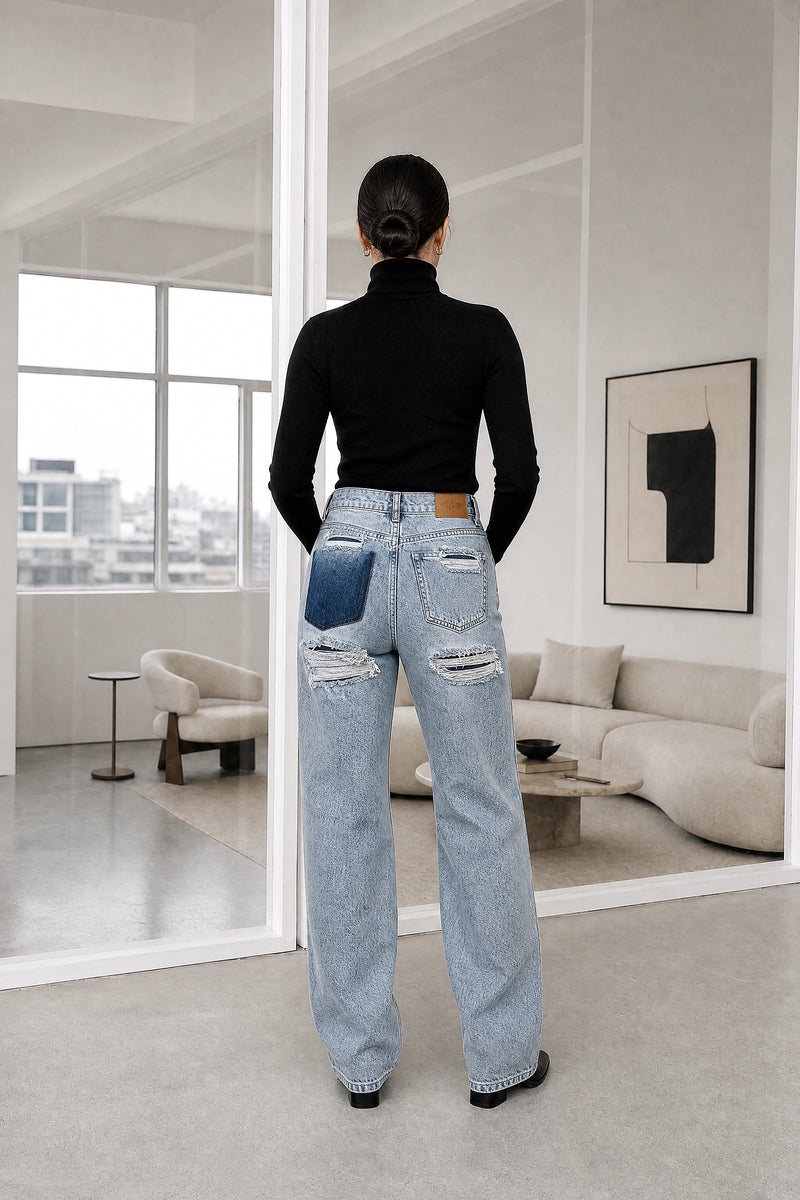 Luz | Wide-Leg Jeans in Peacock Blue, studio back view