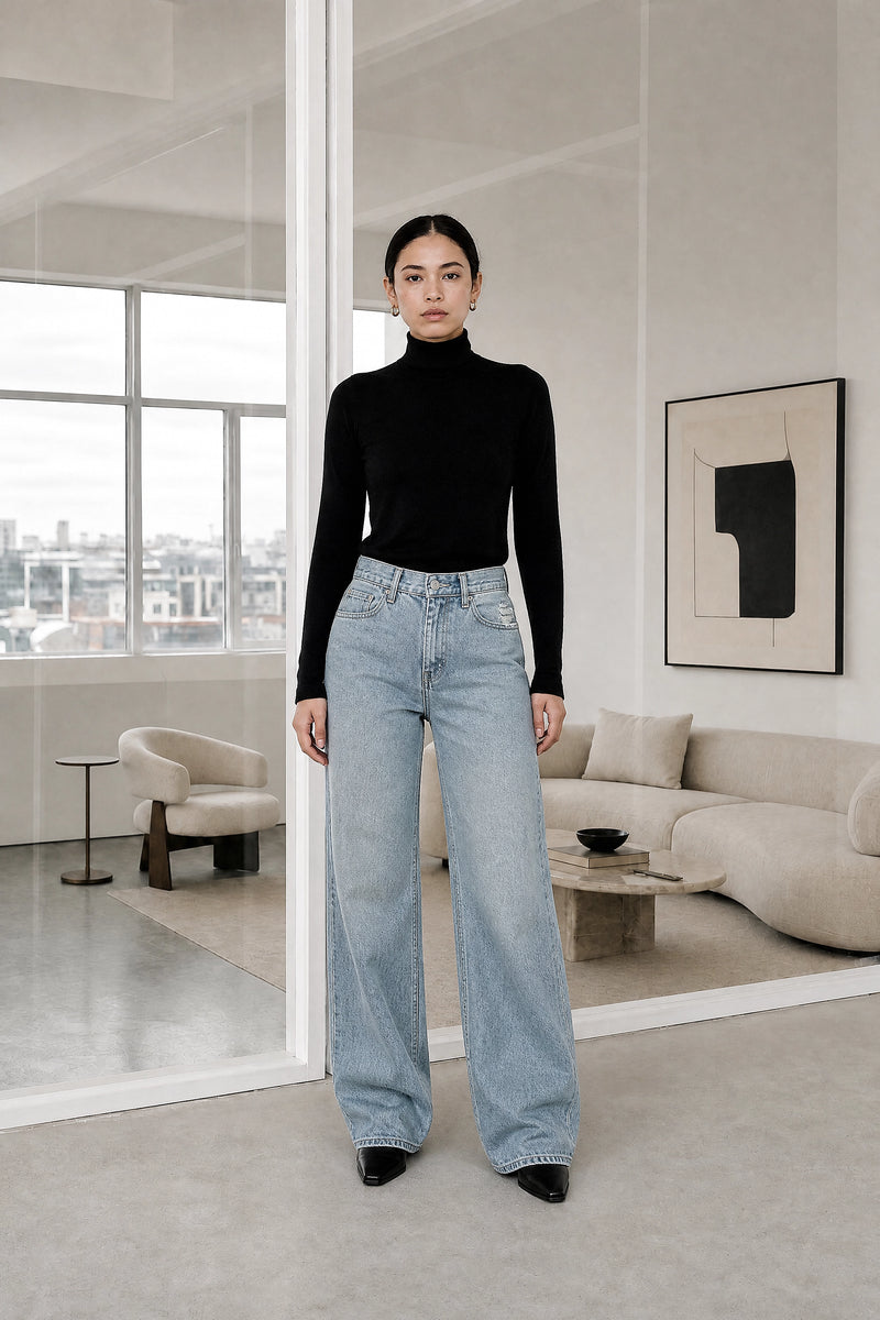 Luz | Wide-Leg Jeans in Peacock Blue, studio front view
