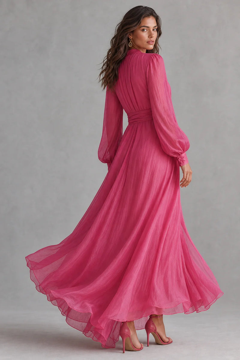 Sofaine Florence rose pink chiffon wrap maxi dress in Pink, worn back