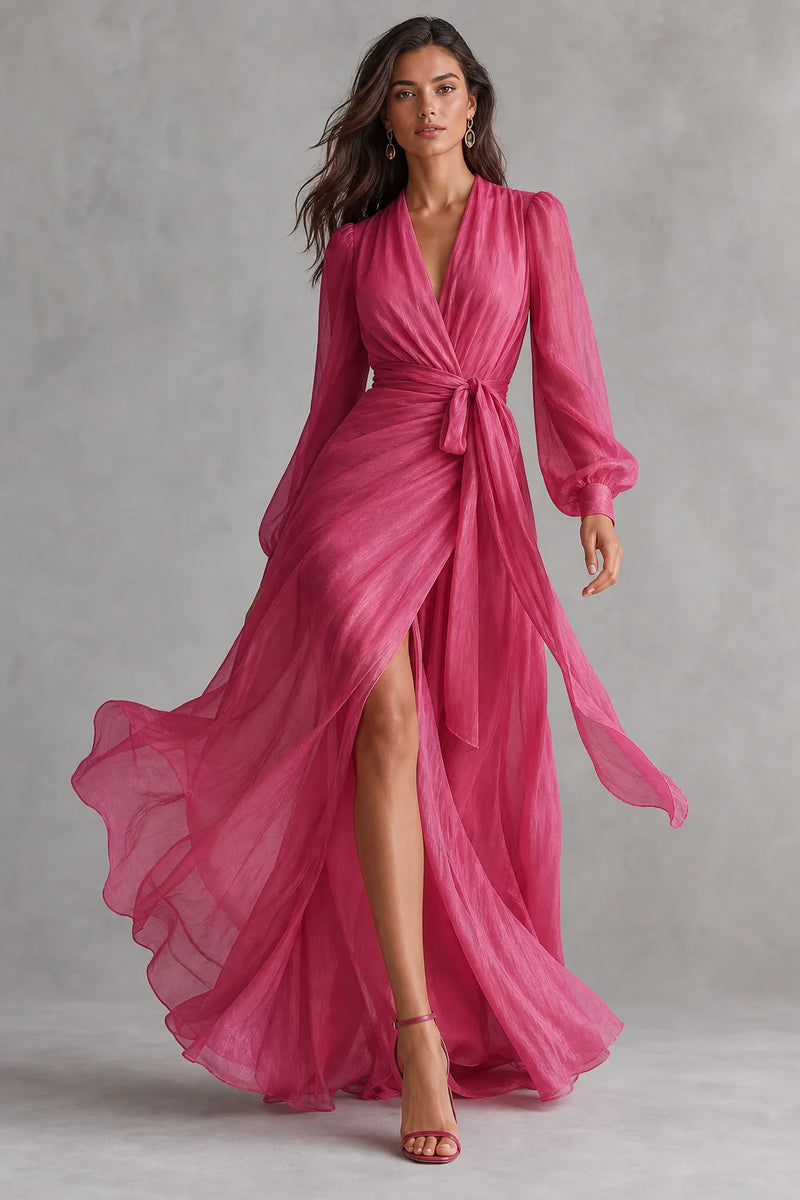 Sofaine Florence rose pink chiffon wrap maxi dress in Pink, worn front hero