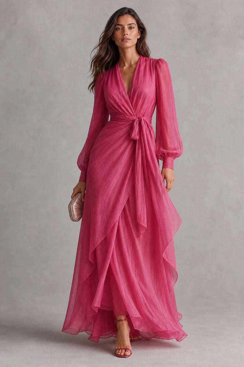 Sofaine Florence rose pink chiffon wrap maxi dress in Pink, styled full look