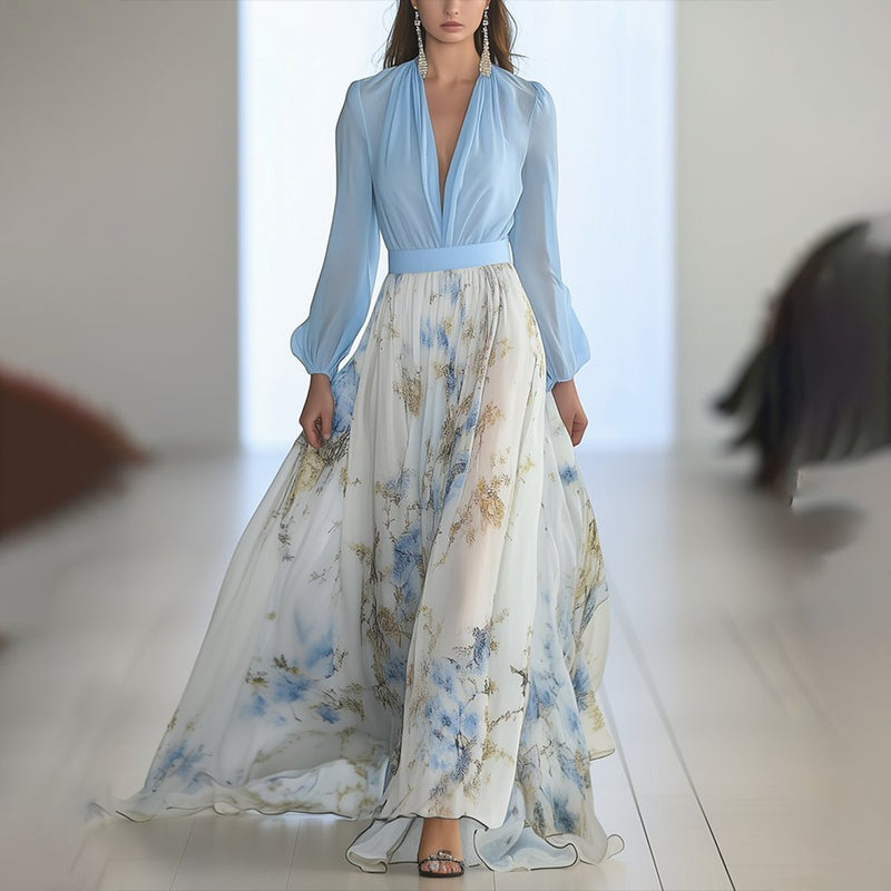 Floral Chiffon Maxi Dress for Women with V Neck and Long Sleeves in Blue, front view 2