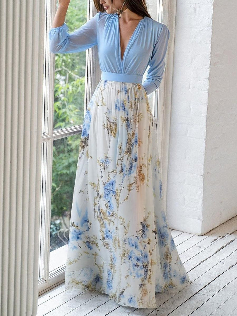 Floral Chiffon Maxi Dress for Women with V Neck and Long Sleeves in Blue, front view 3