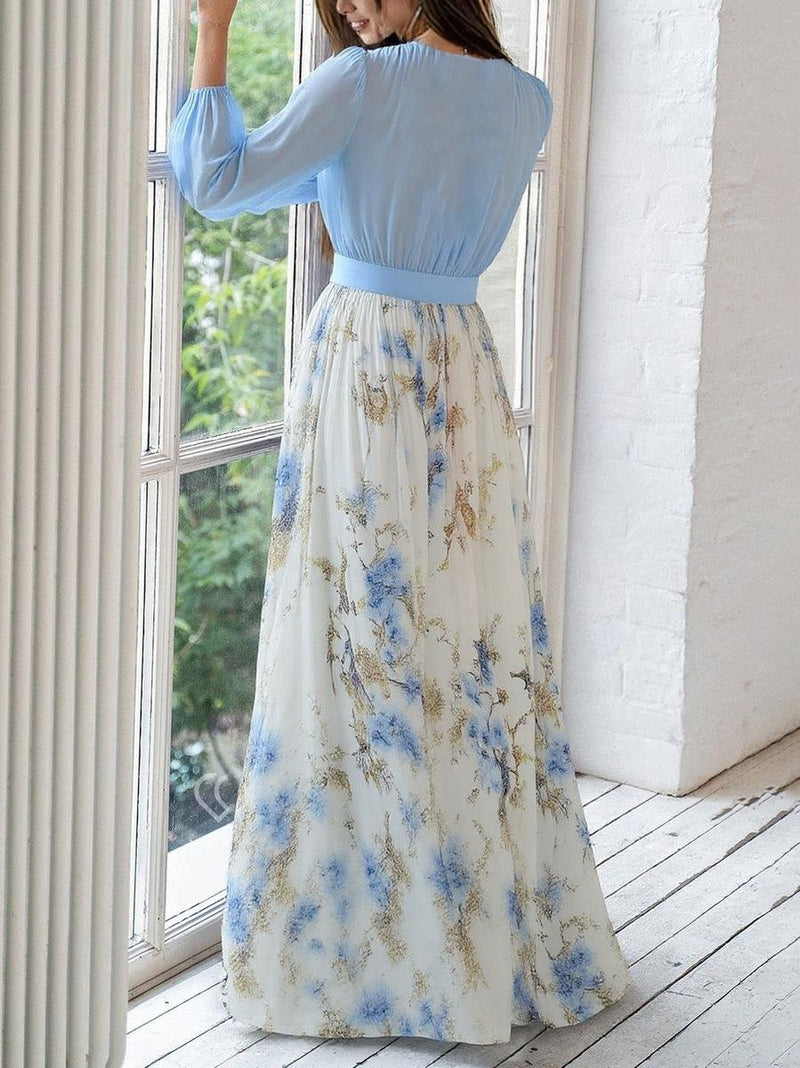 Floral Chiffon Maxi Dress for Women with V Neck and Long Sleeves in Blue, side view