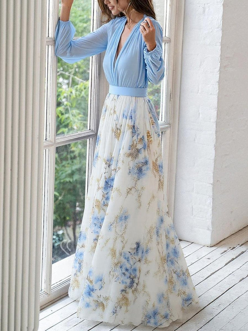 Floral Chiffon Maxi Dress for Women with V Neck and Long Sleeves in Blue, styled view