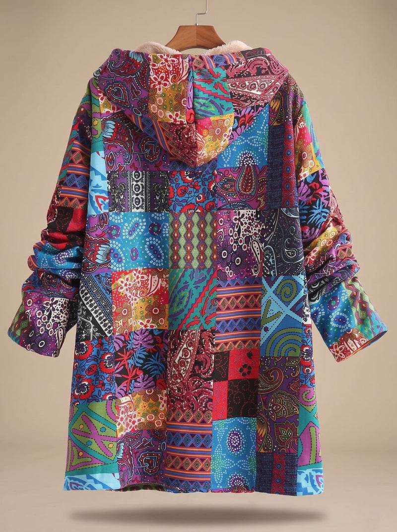 Fleece Lined Patchwork Print Jacket for Women with Hood and Button Front in Blue, back view