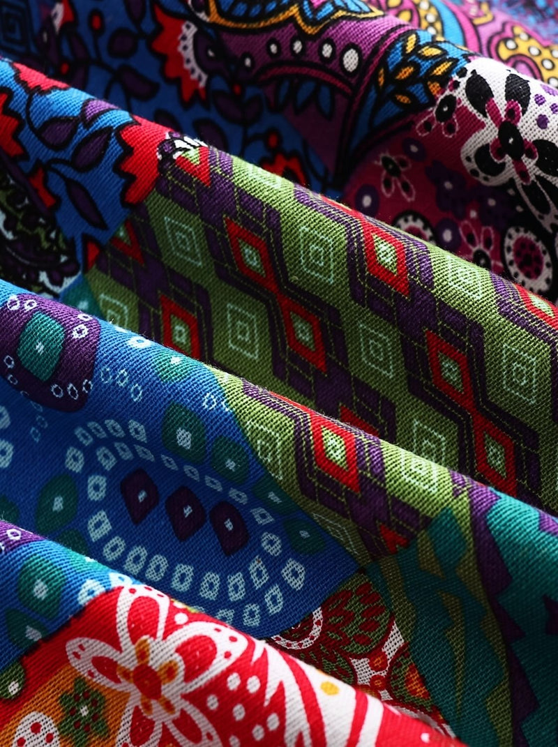 Fleece Lined Patchwork Print Jacket for Women with Hood and Button Front, fabric close-up