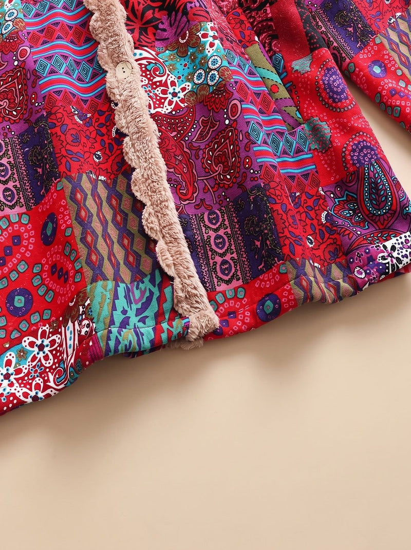 Fleece Lined Patchwork Print Jacket for Women with Hood and Button Front, front edge detail
