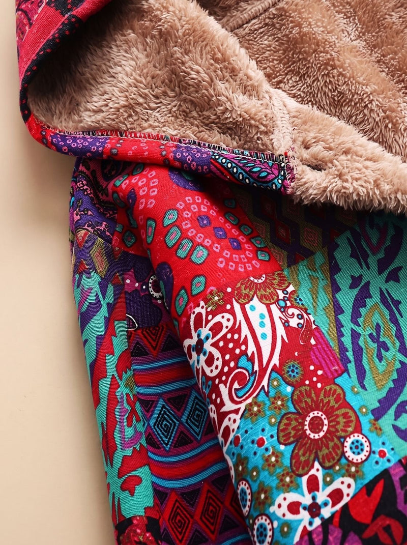 Fleece Lined Patchwork Print Jacket for Women with Hood and Button Front, hood lining close-up