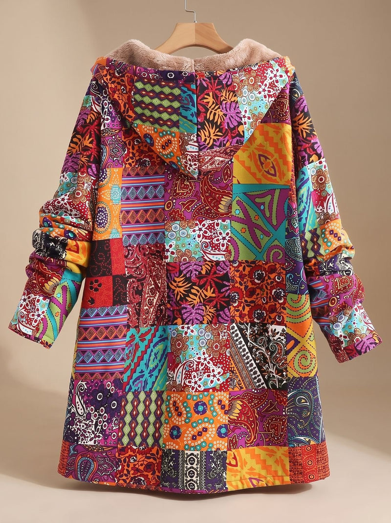 Fleece Lined Patchwork Print Jacket for Women with Hood and Button Front in Orange, back view