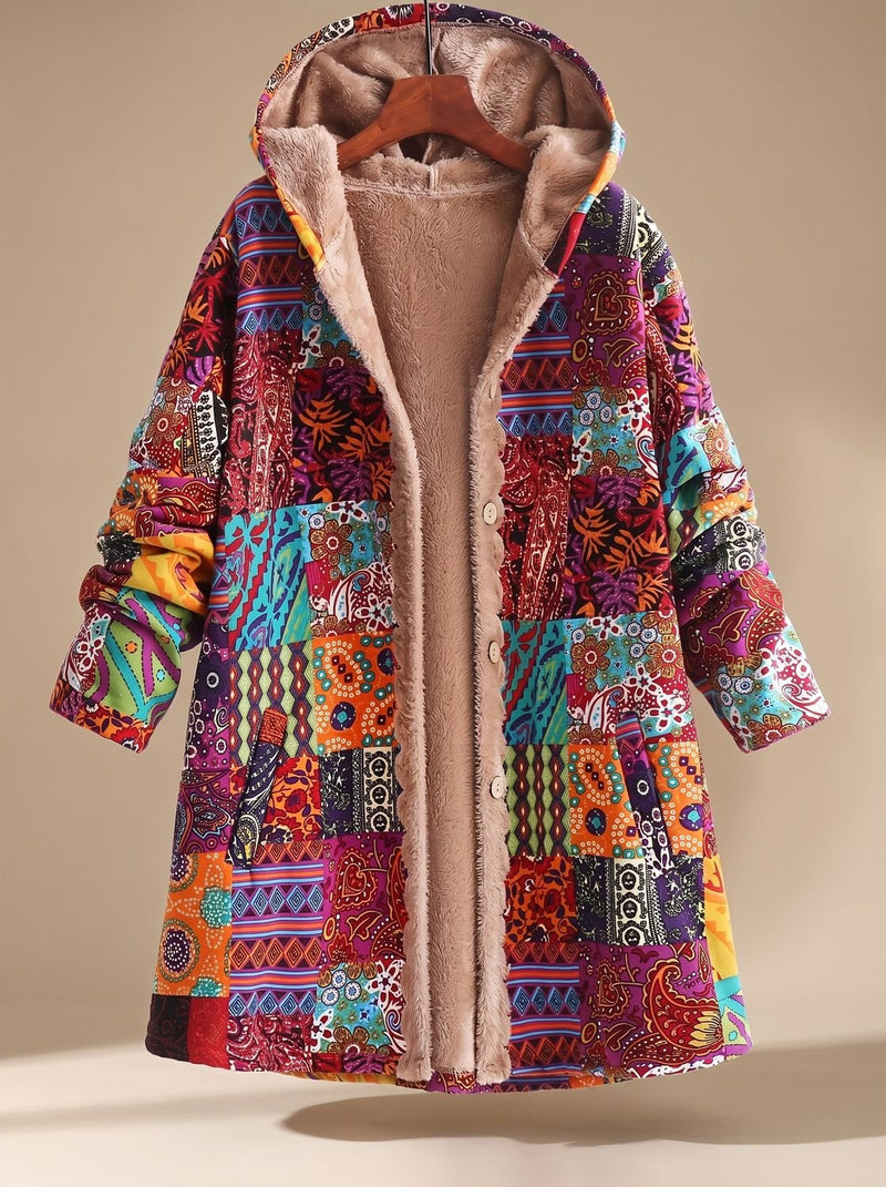 Fleece Lined Patchwork Print Jacket for Women with Hood and Button Front in Orange, front view