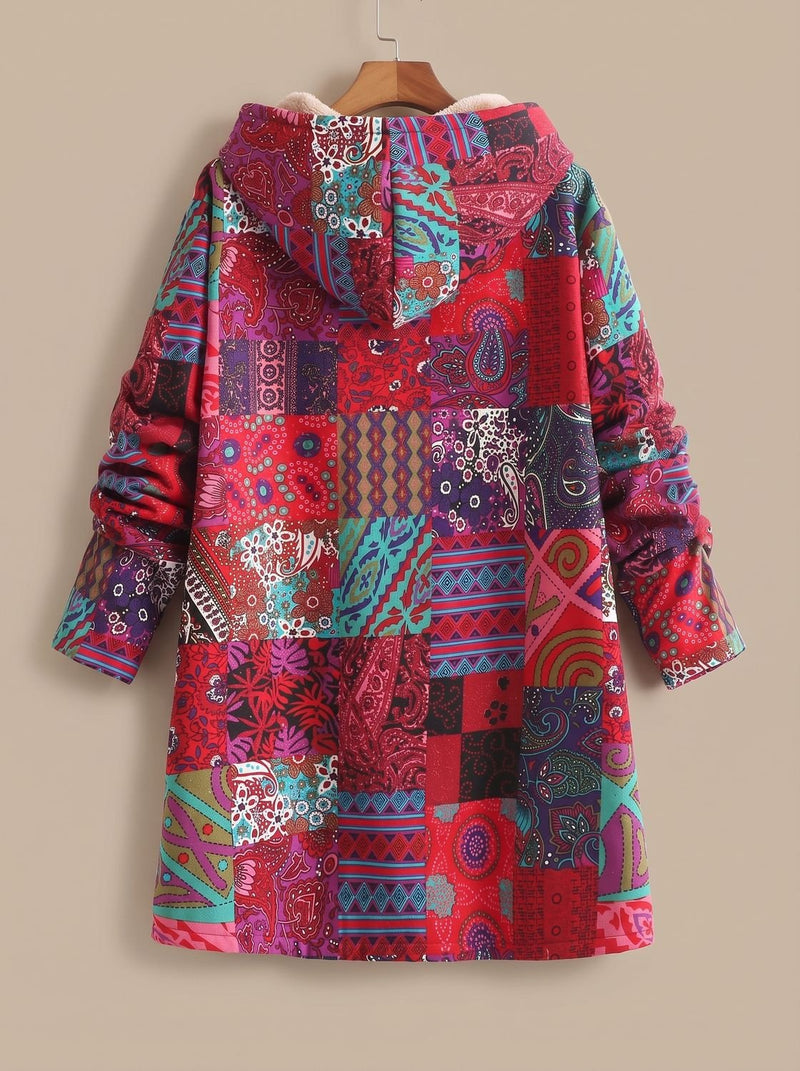 Fleece Lined Patchwork Print Jacket for Women with Hood and Button Front in Red, back view