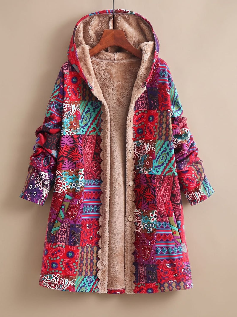 Fleece Lined Patchwork Print Jacket for Women with Hood and Button Front in Red, front view