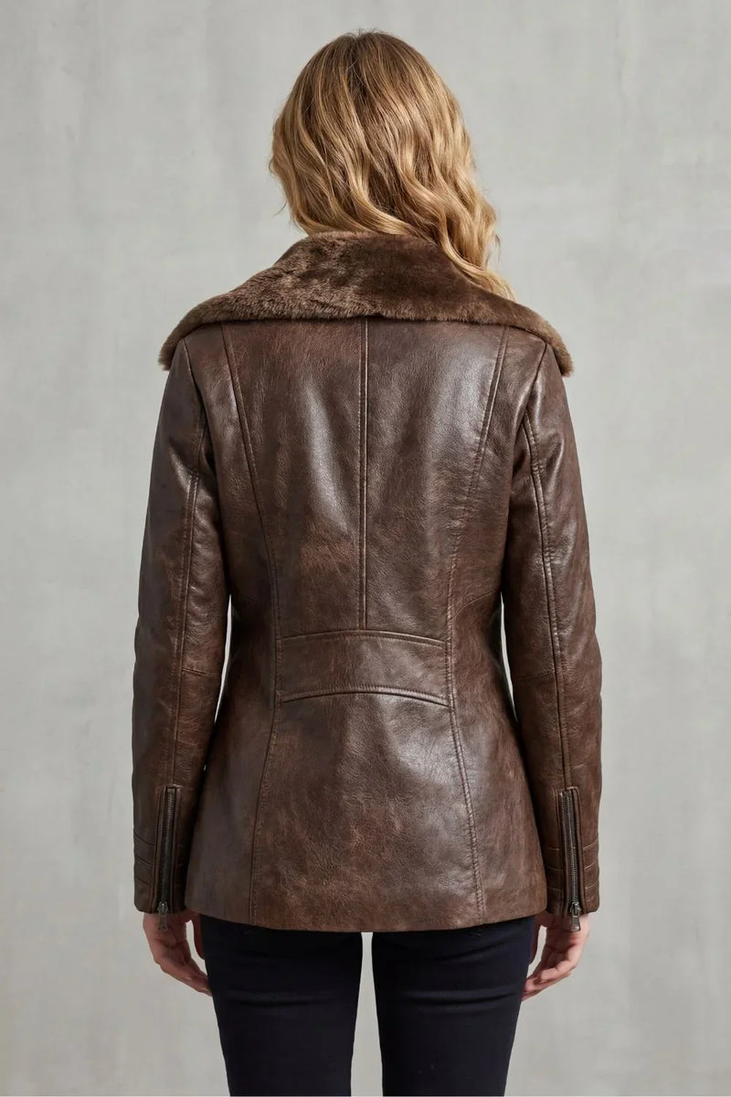 Faux Leather Aviator Jacket for Women with Faux Fur Collar and Zip Front in Brown, back view