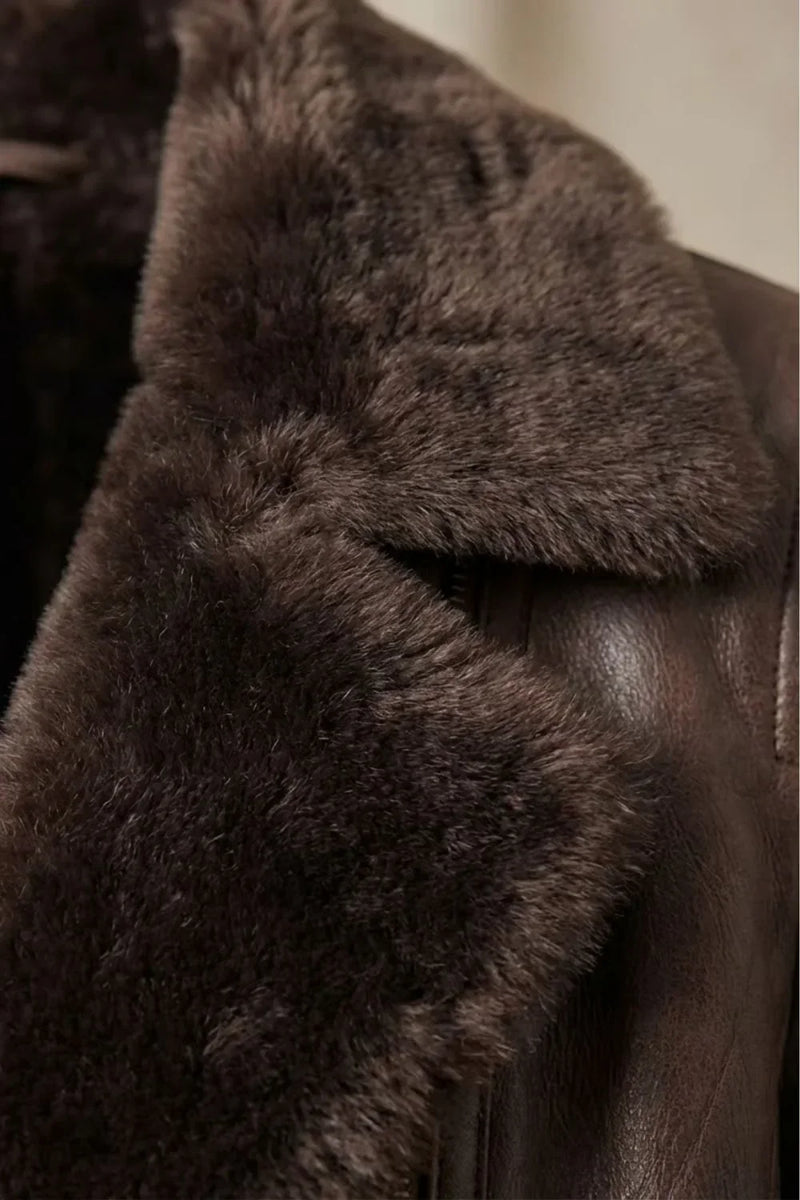 Faux Leather Aviator Jacket for Women with Faux Fur Collar and Zip Front in Brown, collar detail