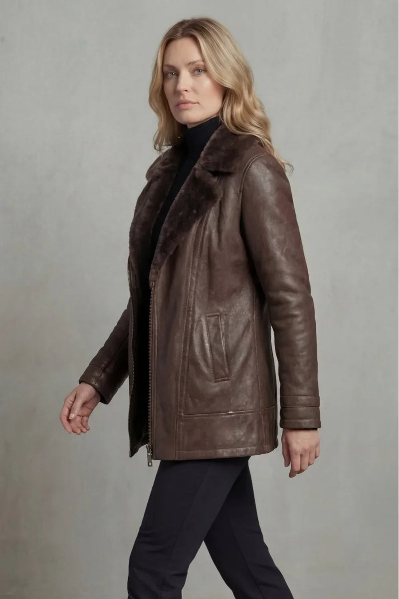 Faux Leather Aviator Jacket for Women with Faux Fur Collar and Zip Front in Brown, side view