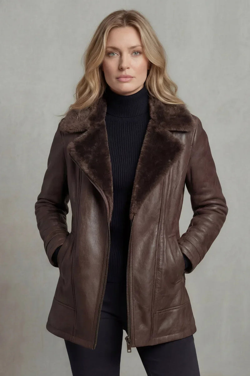 Faux Leather Aviator Jacket for Women with Faux Fur Collar and Zip Front in Brown, studio front view