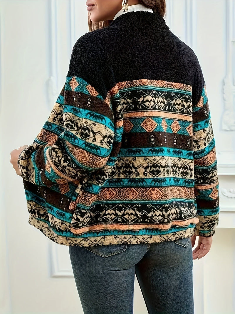 Aztec Fleece Jacket for Women with Plush Yoke and Stand Collar in Black, back view