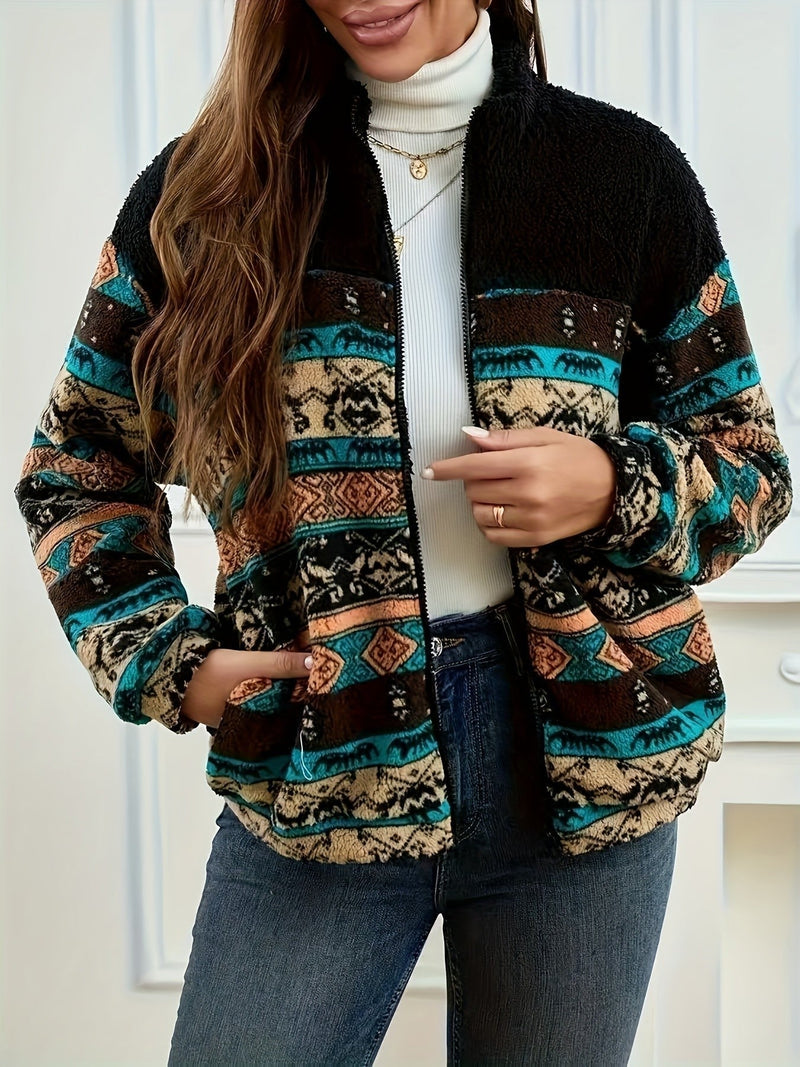 Aztec Fleece Jacket for Women with Plush Yoke and Stand Collar in Black, pocket view