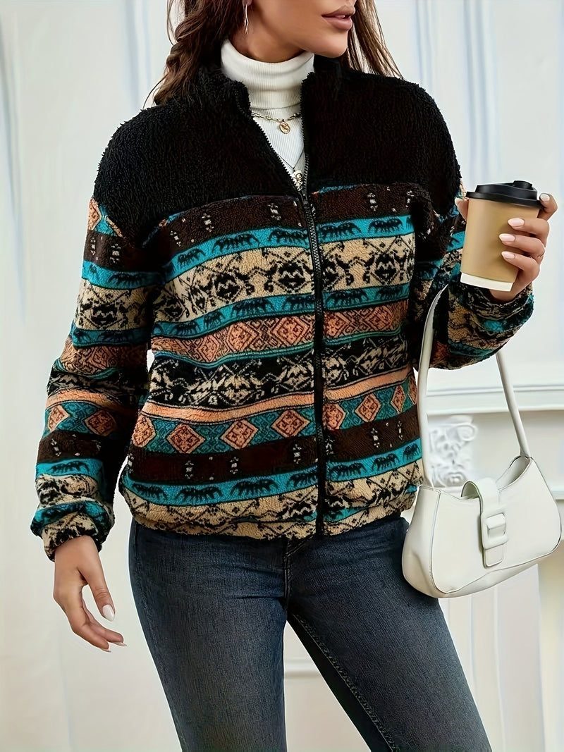 Aztec Fleece Jacket for Women with Plush Yoke and Stand Collar in Black, styled front view