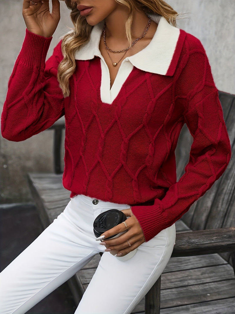 Cable Knit Collared Sweater for Women with Contrast Collar and V Neck in Red, styled front view