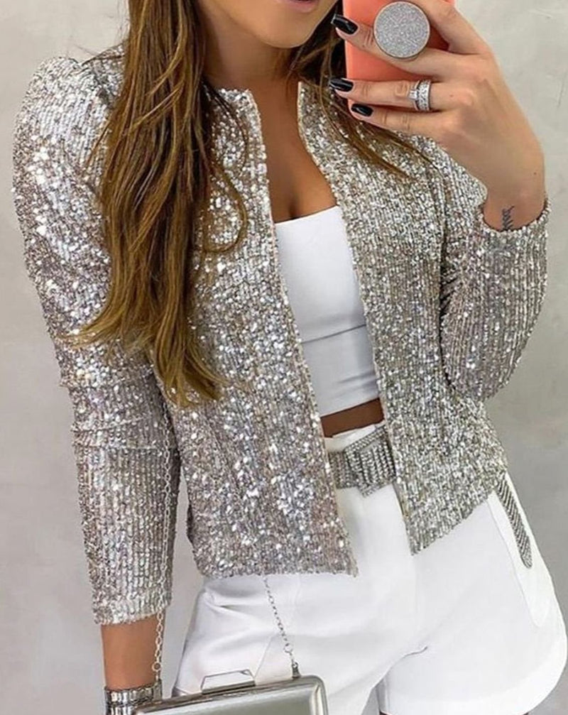 Sequin Jacket for Women with Open Front and Puff Shoulders in Silver, front view