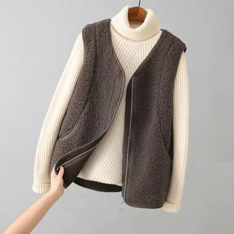 Sherpa Fleece Vest for Women with V-Neck, Ring Zip and Side Pockets in Brown, front view