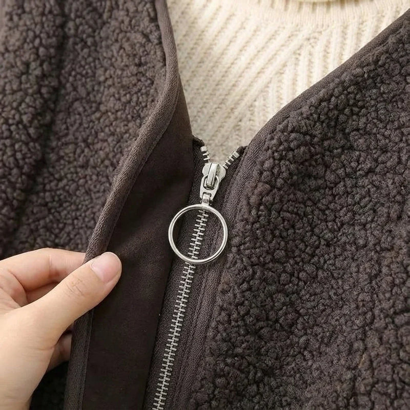 Sherpa Fleece Vest for Women with V-Neck, Ring Zip and Side Pockets in Brown, zip detail