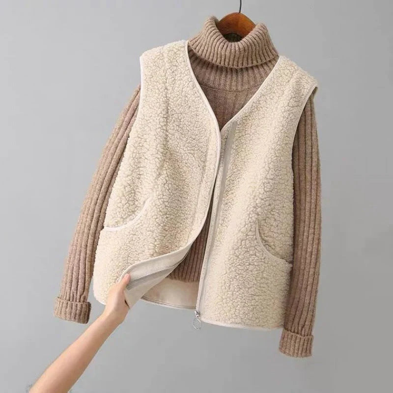 Sherpa Fleece Vest for Women with V-Neck, Ring Zip and Side Pockets in Cream, front view