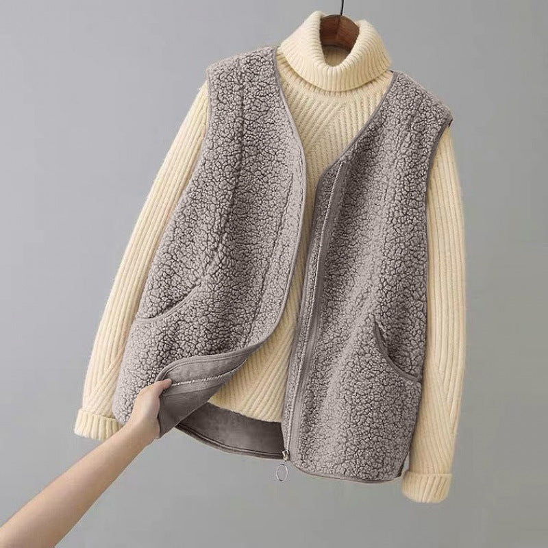 Sherpa Fleece Vest for Women with V-Neck, Ring Zip and Side Pockets in Gray, front view