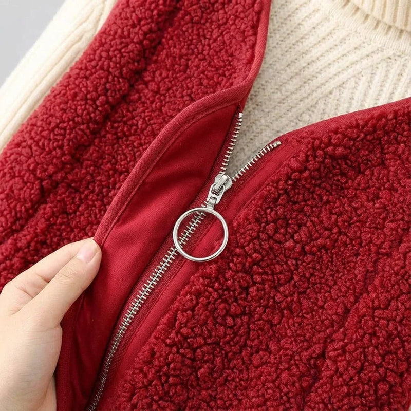 Sherpa Fleece Vest for Women with V-Neck, Ring Zip and Side Pockets in Red, zip detail