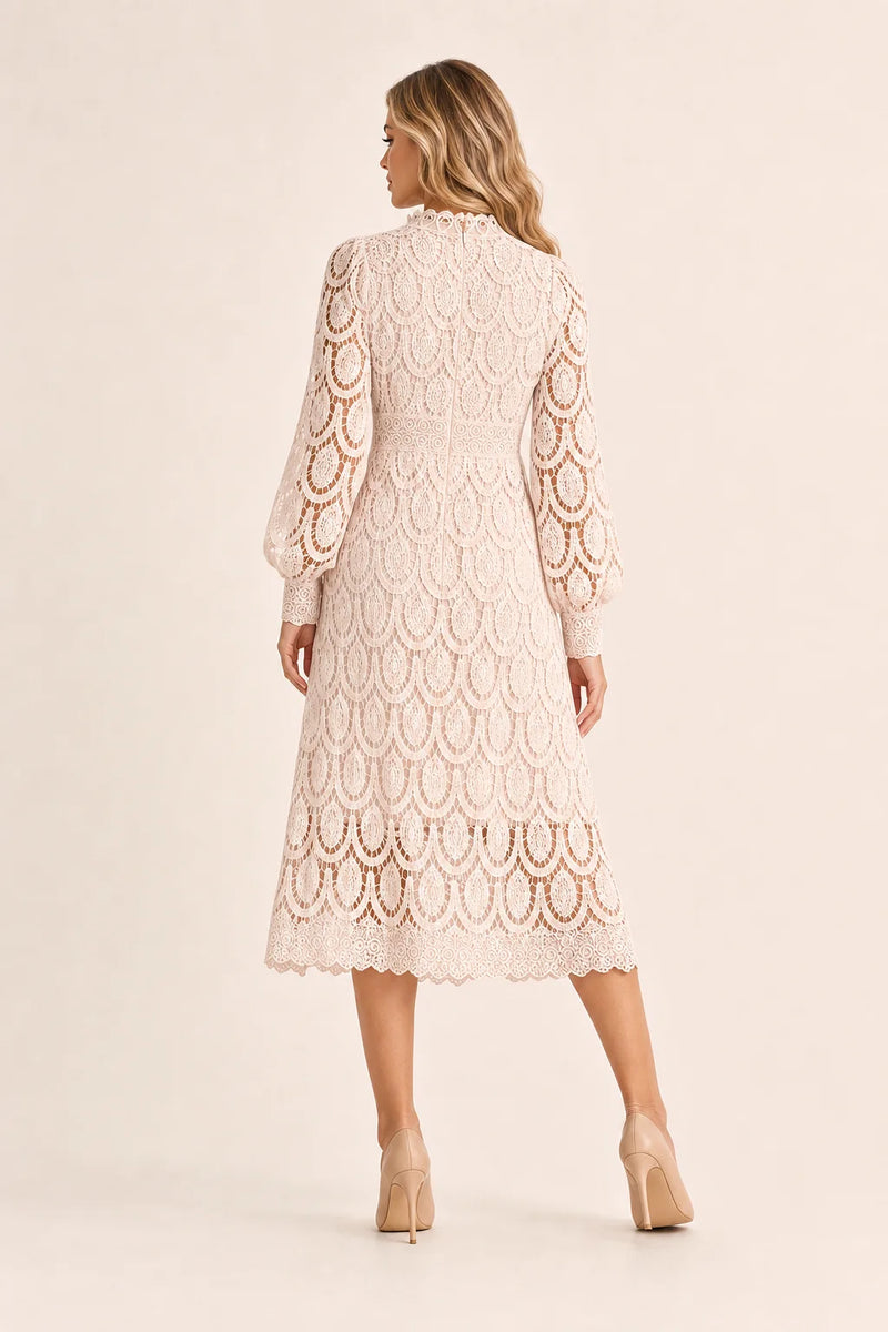 Sofaine Genevieve high-neck guipure lace A-line midi dress in Apricot, back view