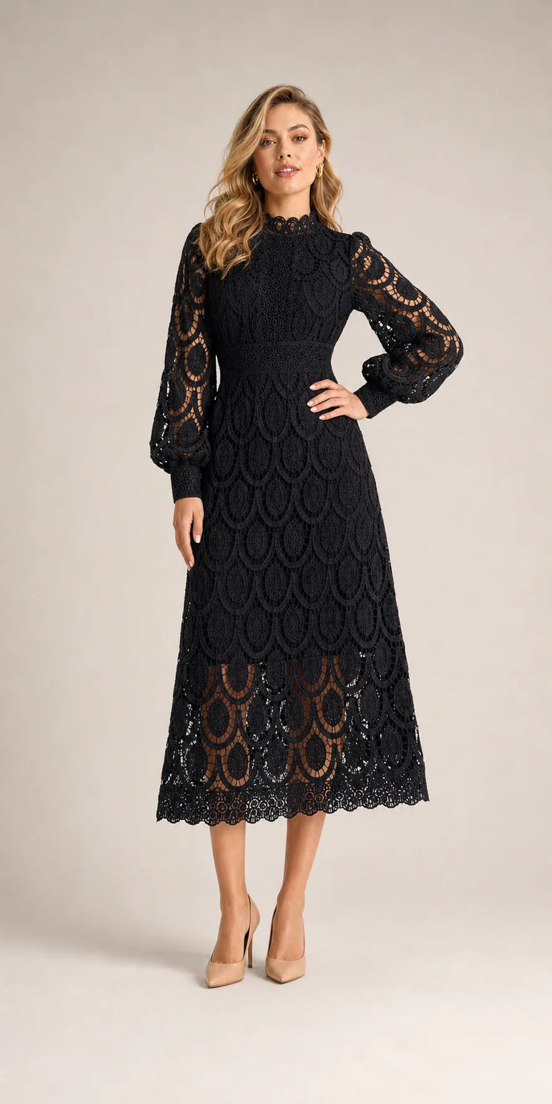 Sofaine Genevieve high-neck guipure lace A-line midi dress in Black, worn on model
