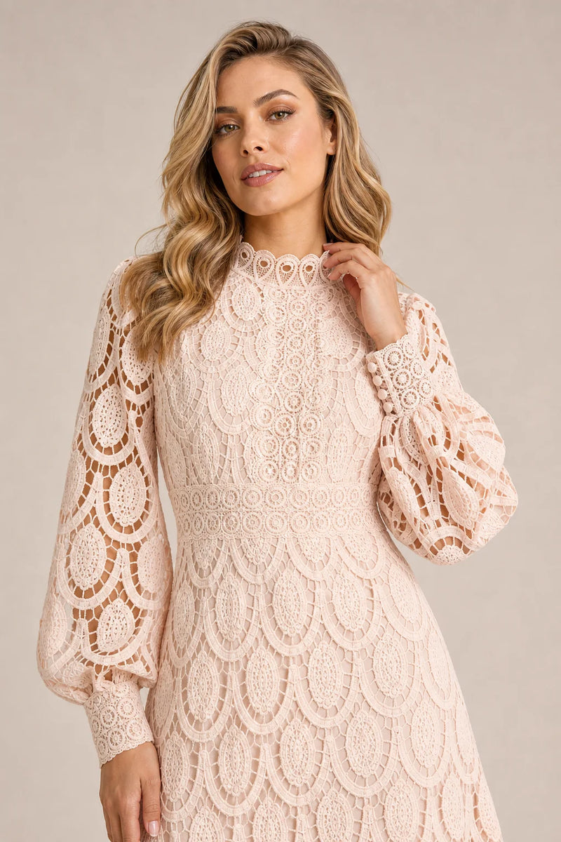 Sofaine Genevieve high-neck guipure lace A-line midi dress in Apricot, scalloped lace and high-neck detail